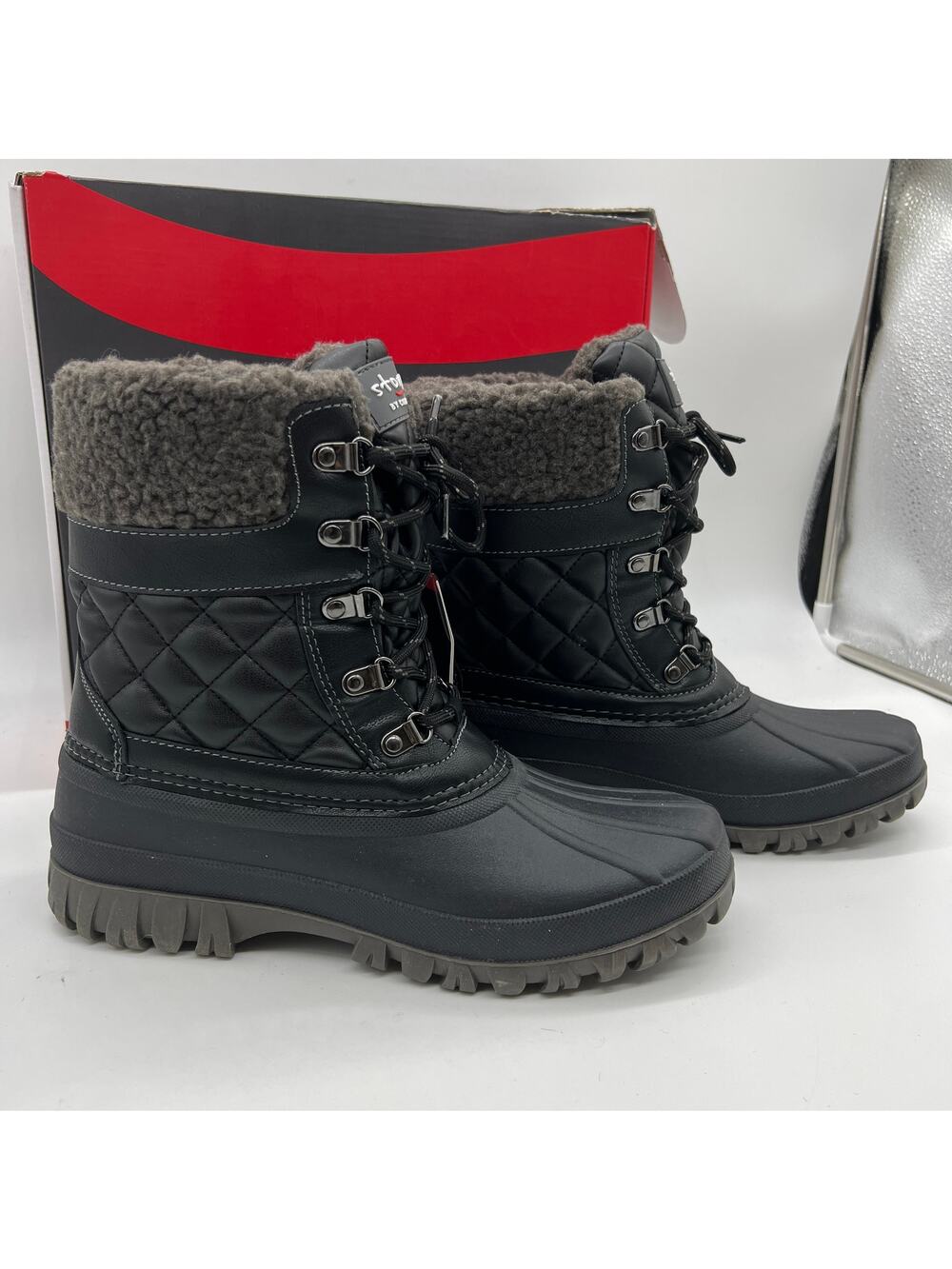 Cougar Waterproof Winter Boots Size 10 Black Quilt Carlisle Lace Up